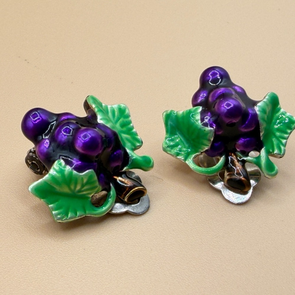 Purple Grape Cluster Clip On Earrings Green Leaf Enamel Vintage Fruit Statement